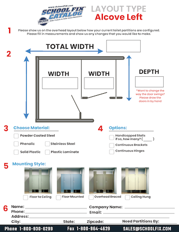 Alcove Left Corner Toilet Partition Layout Quote Form for School Bathrooms Alcove Left Corner Toilet Partition Layout Quote Form