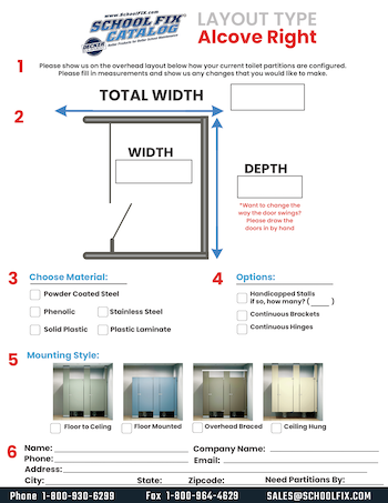 Single Alcove Right Corner Toilet Partition Layout Quote Form for School Bathrooms Single Alcove Right Corner Toilet Partition Layout Quote Form