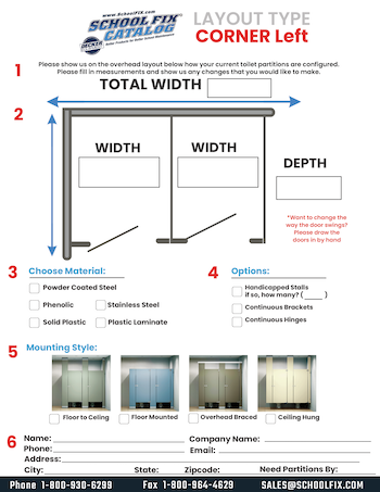 Left Corner Toilet Partition Layout Quote Form for School Bathrooms Left Corner Toilet Partition Layout Quote Form